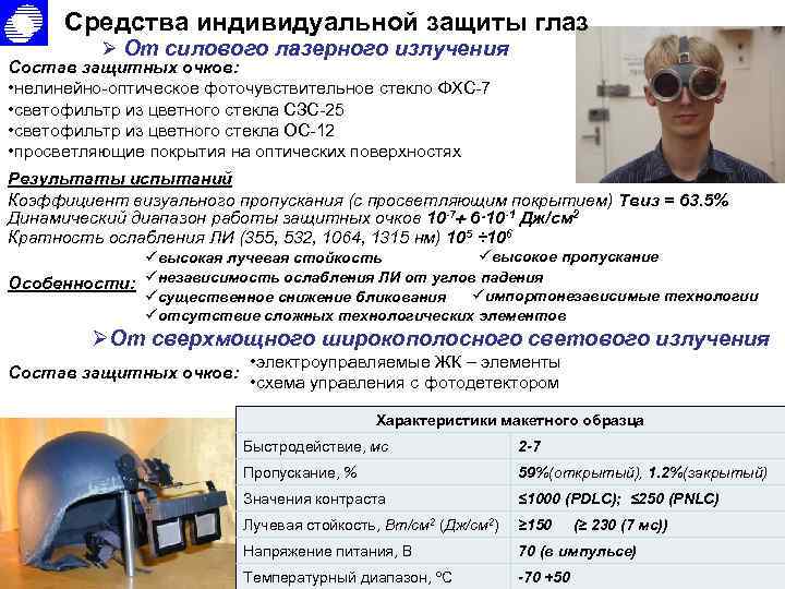 Средства индивидуальной защиты глаз Ø От силового лазерного излучения Состав защитных очков: • нелинейно-оптическое