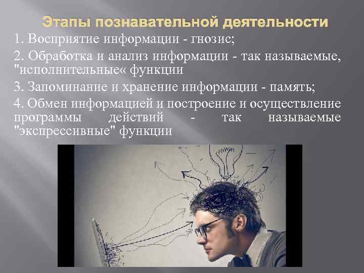 Этапы познавательной деятельности 1. Восприятие информации - гнозис; 2. Обработка и анализ информации -