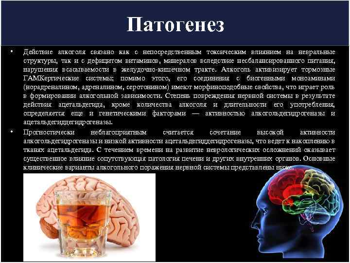 Патогенез • • Действие алкоголя связано как с непосредственным токсическим влиянием на невральные структуры,