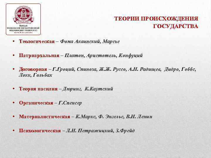 ТЕОРИИ ПРОИСХОЖДЕНИЯ ГОСУДАРСТВА • Теологическая – Фома Аквинский, Марсье • Патриархальная – Платон, Аристотель,