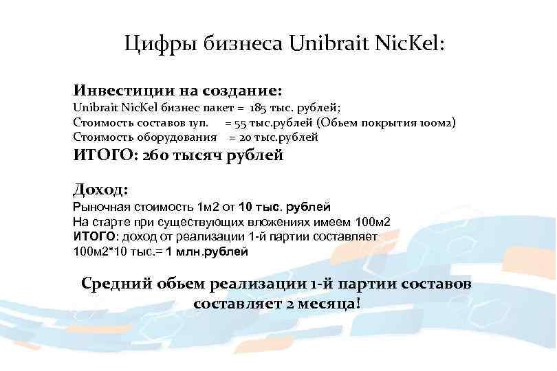 Цифры бизнеса Unibrait Nic. Kel: Инвестиции на создание: Unibrait Nic. Kel бизнес пакет =