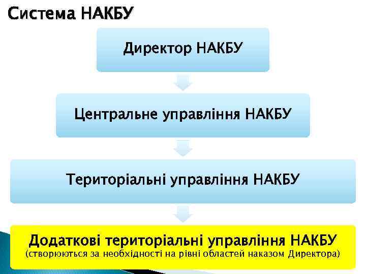 Система НАКБУ Директор НАКБУ Центральне управління НАКБУ Територіальні управління НАКБУ Додаткові територіальні управління НАКБУ