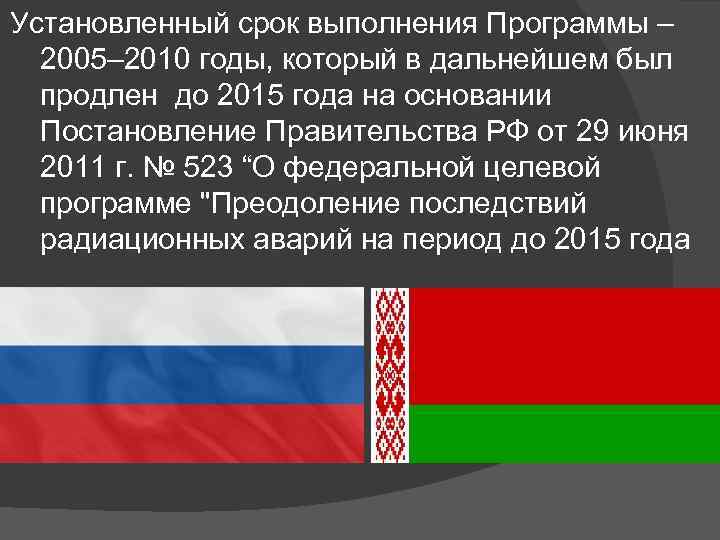 Установленный срок выполнения Программы – 2005– 2010 годы, который в дальнейшем был продлен до