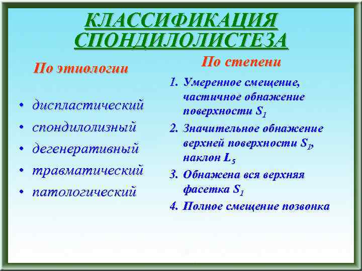 КЛАССИФИКАЦИЯ СПОНДИЛОЛИСТЕЗА По этиологии • • • диспластический спондилолизный дегенеративный травматический патологический По степени