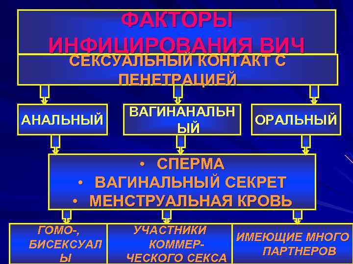 ФАКТОРЫ ИНФИЦИРОВАНИЯ ВИЧ СЕКСУАЛЬНЫЙ КОНТАКТ С ПЕНЕТРАЦИЕЙ АНАЛЬНЫЙ ВАГИНАНАЛЬН ЫЙ ОРАЛЬНЫЙ • СПЕРМА •