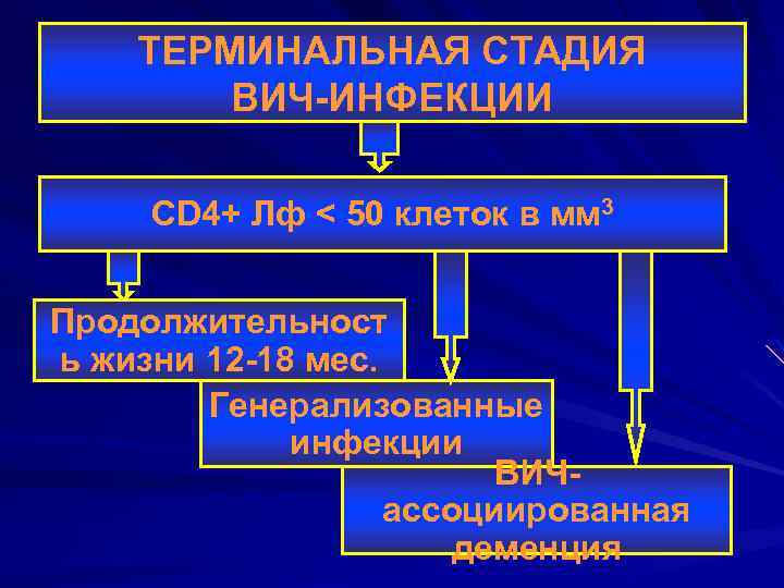 ТЕРМИНАЛЬНАЯ СТАДИЯ ВИЧ-ИНФЕКЦИИ СD 4+ Лф < 50 клеток в мм 3 Продолжительност ь