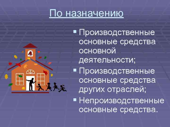 По назначению § Производственные основные средства основной деятельности; § Производственные основные средства других отраслей;