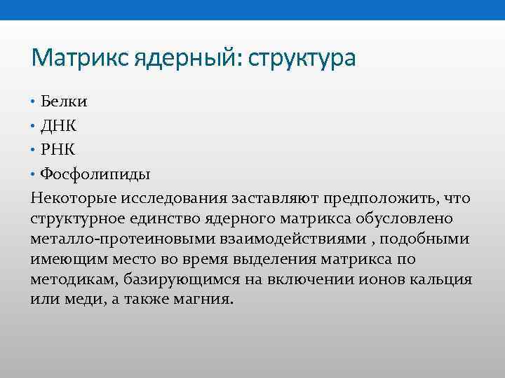 Матрикс ядерный: структура • Белки • ДНК • РНК • Фосфолипиды Некоторые исследования заставляют