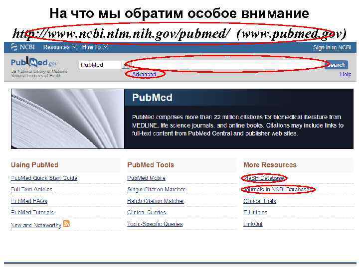 На что мы обратим особое внимание http: //www. ncbi. nlm. nih. gov/pubmed/ (www. pubmed.