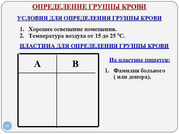 ОПРЕДЕЛЕНИЕ ГРУППЫ КРОВИ УСЛОВИЯ ДЛЯ ОПРЕДЕЛЕНИЯ ГРУППЫ КРОВИ 1. Хорошее освещение помещения. 2. Температура