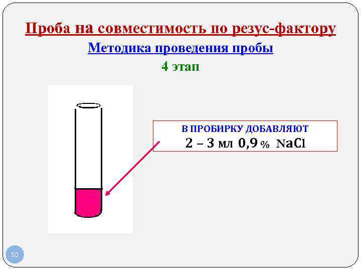 Проба на совместимость по резус-фактору Методика проведения пробы 4 этап В ПРОБИРКУ ДОБАВЛЯЮТ 2