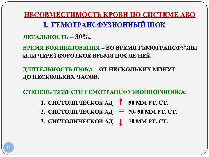 НЕСОВМЕСТИМОСТЬ КРОВИ ПО СИСТЕМЕ АВО I. ГЕМОТРАНСФУЗИОННЫЙ ШОК ЛЕТАЛЬНОСТЬ – 30%. ВРЕМЯ ВОЗНИКНОВЕНИЯ –