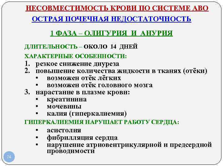 НЕСОВМЕСТИМОСТЬ КРОВИ ПО СИСТЕМЕ АВО ОСТРАЯ ПОЧЕЧНАЯ НЕДОСТАТОЧНОСТЬ 1 ФАЗА – ОЛИГУРИЯ И АНУРИЯ