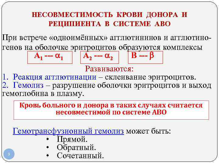 НЕСОВМЕСТИМОСТЬ КРОВИ ДОНОРА И РЕЦИПИЕНТА В СИСТЕМЕ АВО При встрече «одноимённых» агглютининов и агглютиногенов