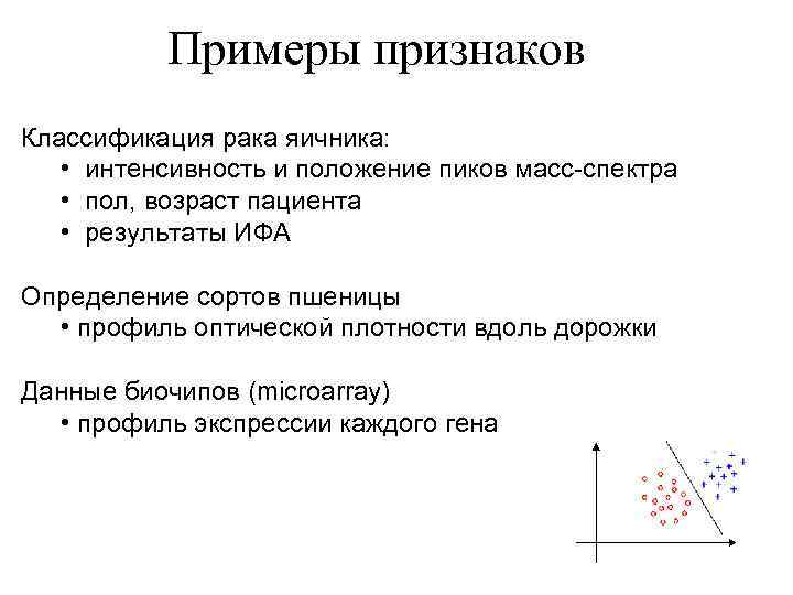 Примеры признаков Классификация рака яичника: • интенсивность и положение пиков масс-спектра • пол, возраст
