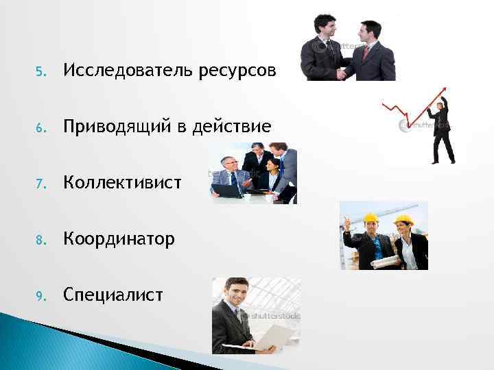 5. Исследователь ресурсов 6. Приводящий в действие 7. Коллективист 8. Координатор 9. Специалист 