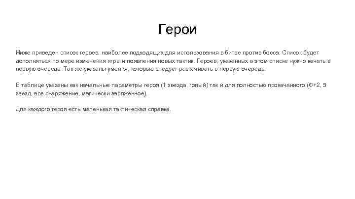 Герои Ниже приведен список героев, наиболее подходящих для использования в битве против босса. Список