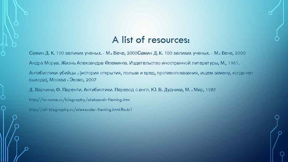 A list of resources: Самин Д. К. 100 великих ученых. - М. : Вече,