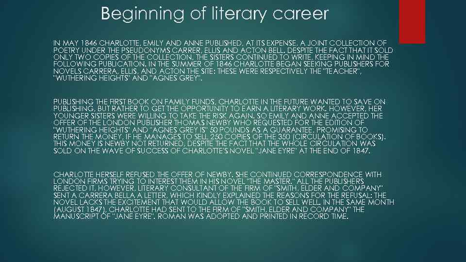 Beginning of literary career IN MAY 1846 CHARLOTTE, EMILY AND ANNE PUBLISHED, AT ITS