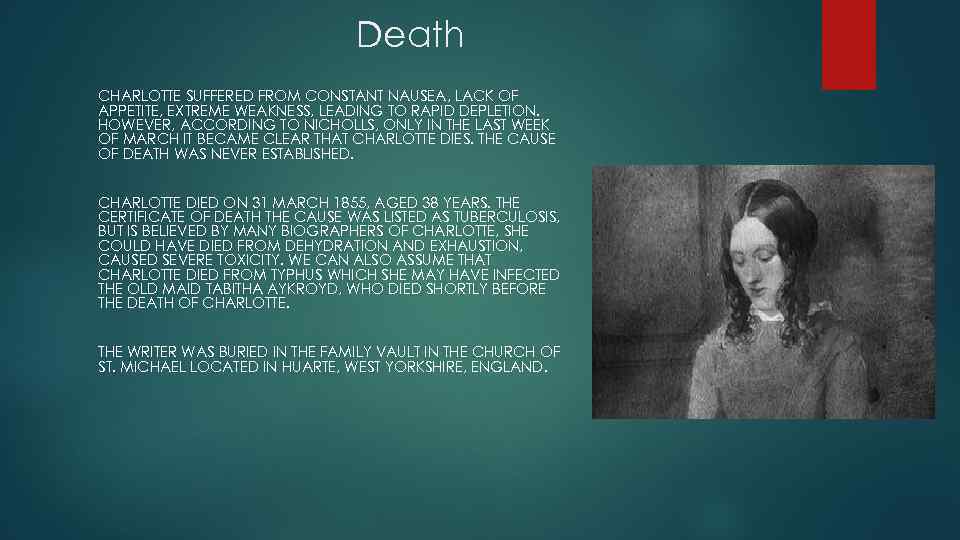 Death CHARLOTTE SUFFERED FROM CONSTANT NAUSEA, LACK OF APPETITE, EXTREME WEAKNESS, LEADING TO RAPID