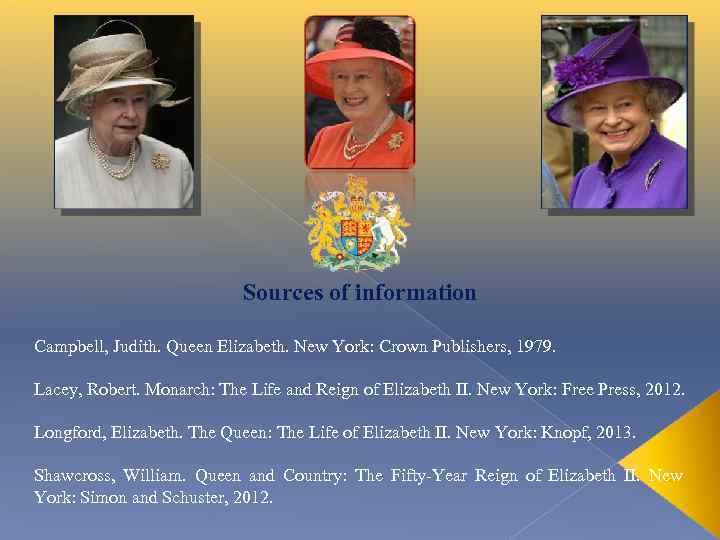 Sources of information Campbell, Judith. Queen Elizabeth. New York: Crown Publishers, 1979. Lacey, Robert.