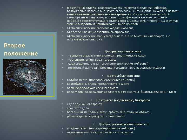  • • Второе положение В различных отделах головного мозга имеются скопления нейронов, возбуждение