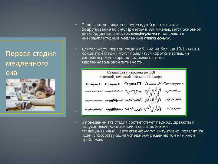  • Первая стадия медленного сна Первая стадия является переходной от состояния бодрствования ко