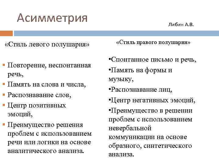 Асимметрия Либин А. В. «Стиль левого полушария» «Стиль правого полушария» § Повторение, неспонтанная речь,