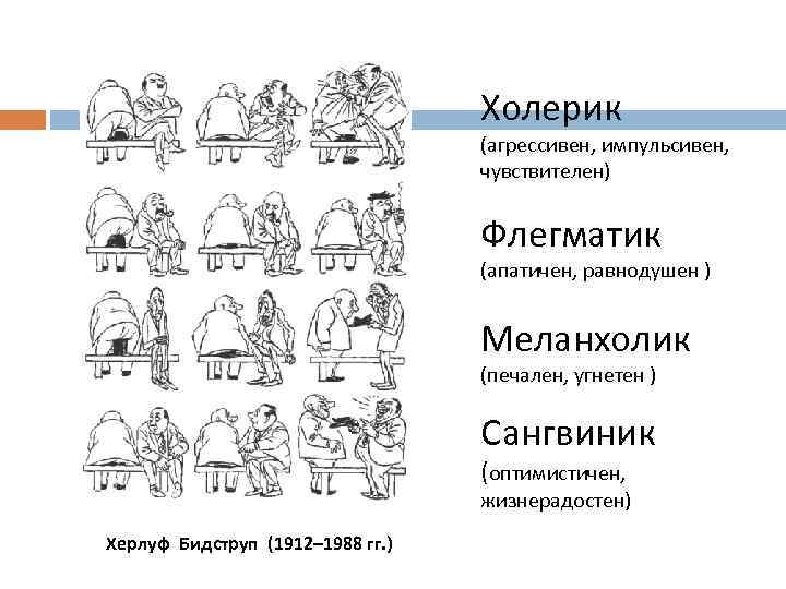 Холерик (агрессивен, импульсивен, чувствителен) Флегматик (апатичен, равнодушен ) Меланхолик (печален, угнетен ) Сангвиник (оптимистичен,