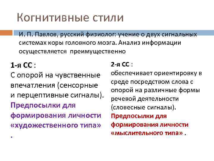 Когнитивные стили И. П. Павлов, русский физиолог: учение о двух сигнальных системах коры головного