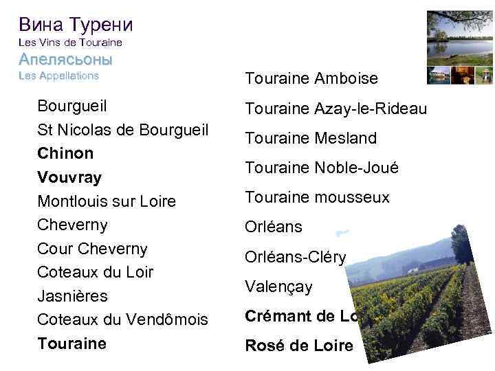 Вина Турени Les Vins de Touraine Апелясьоны Les Appellations l l l Bourgueil St