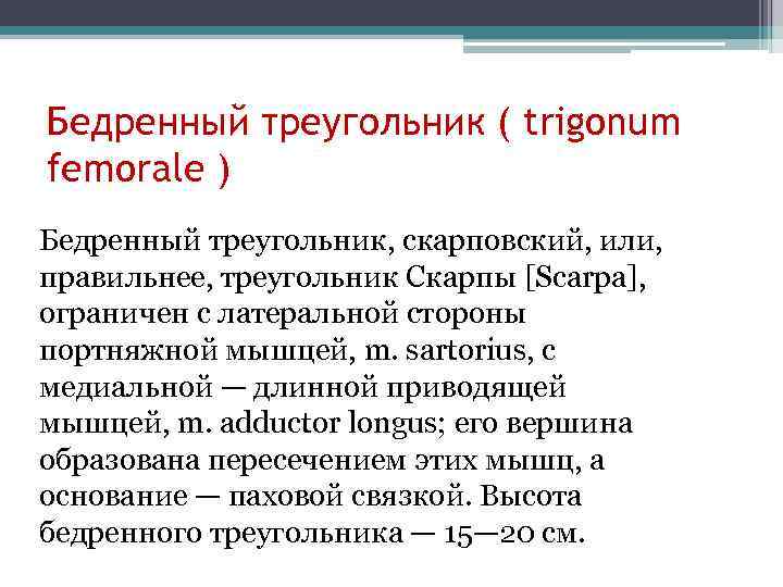 Бедренный треугольник ( trigonum femorale ) Бедренный треугольник, скарповский, или, правильнее, треугольник Скарпы [Scarpa],