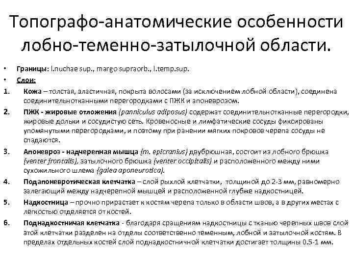 Топографо-анатомические особенности лобно-теменно-затылочной области. • Границы: l. nuchae sup. , margo supraorb. , l.