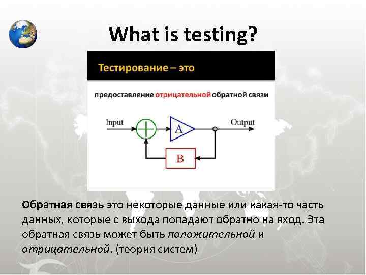 What is testing? Обратная связь это некоторые данные или какая-то часть данных, которые с