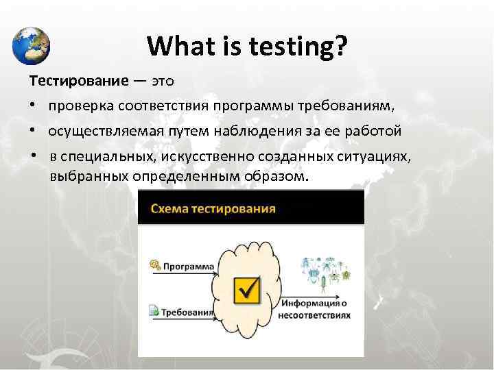 What is testing? Тестирование — это • проверка соответствия программы требованиям, • осуществляемая путем