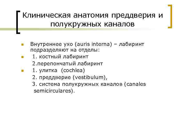 Клиническая анатомия преддверия и полукружных каналов n n n Внутреннее ухо (auris interna) –