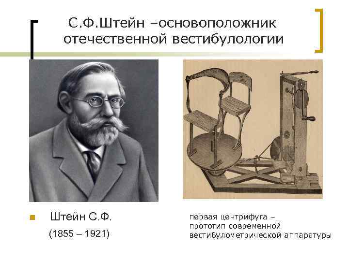 С. Ф. Штейн –основоположник отечественной вестибулологии n Штейн С. Ф. (1855 – 1921) первая