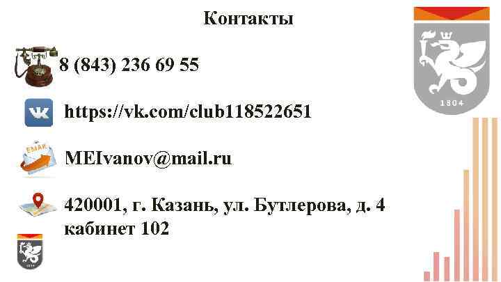 Контакты 8 (843) 236 69 55 https: //vk. com/club 118522651 MEIvanov@mail. ru 420001, г.