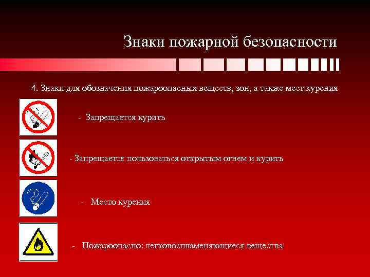 Знаки пожарной безопасности 4. Знаки для обозначения пожароопасных веществ, зон, а также мест курения