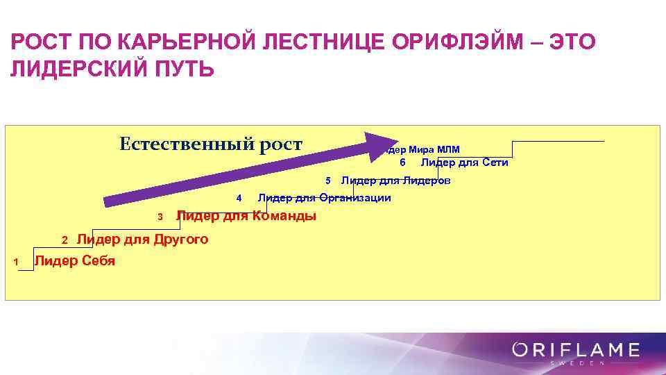 РОСТ ПО КАРЬЕРНОЙ ЛЕСТНИЦЕ ОРИФЛЭЙМ – ЭТО ЛИДЕРСКИЙ ПУТЬ Естественный рост 7 Лидер Мира