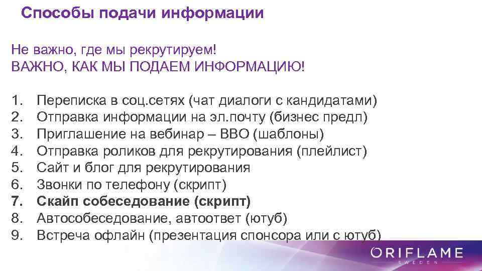 Способы подачи информации Не важно, где мы рекрутируем! ВАЖНО, КАК МЫ ПОДАЕМ ИНФОРМАЦИЮ! 1.