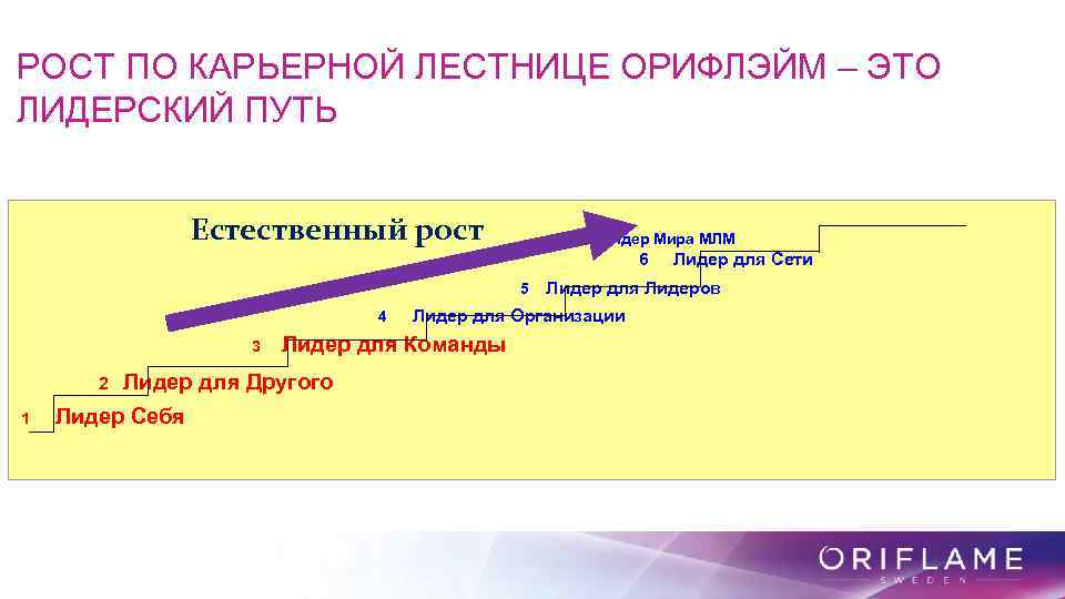 РОСТ ПО КАРЬЕРНОЙ ЛЕСТНИЦЕ ОРИФЛЭЙМ – ЭТО ЛИДЕРСКИЙ ПУТЬ Естественный рост 7 Лидер Мира