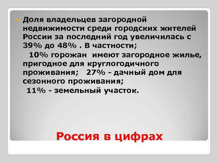 Доля владельцев загородной недвижимости среди городских жителей России за последний год увеличилась с 39%