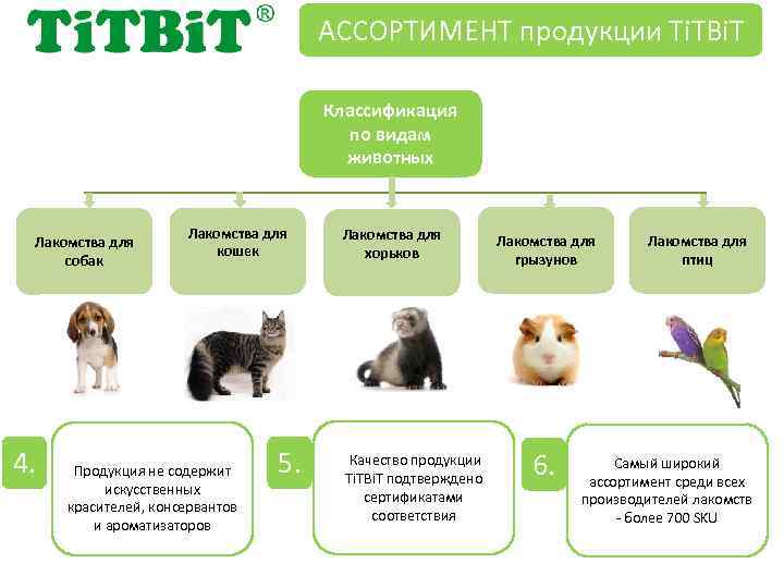 АССОРТИМЕНТ продукции Ti. TBi. T Классификация по видам животных Лакомства для собак 4. Лакомства