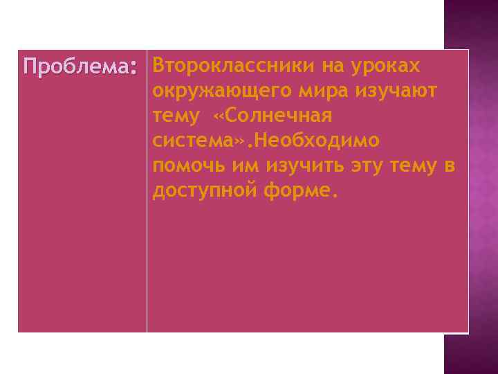 Проблема: Второклассники на уроках окружающего мира изучают тему «Солнечная система» . Необходимо помочь им