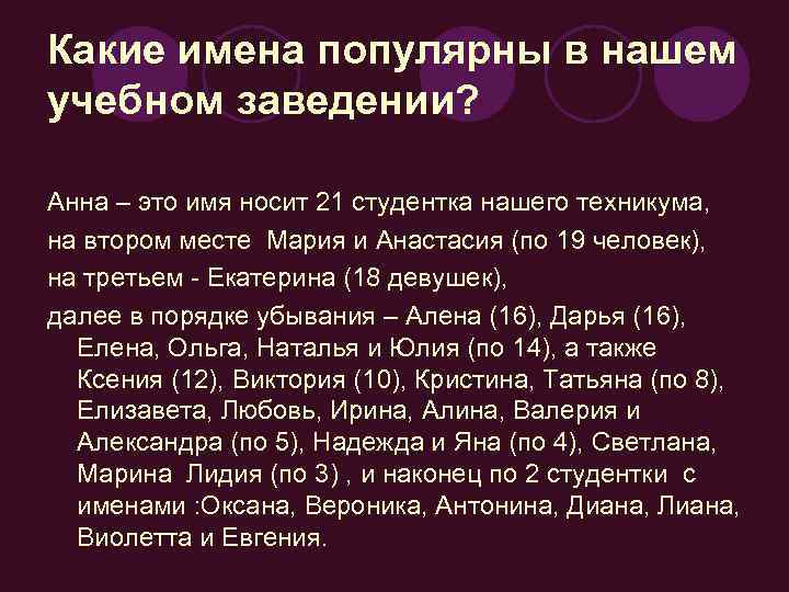 Какие имена популярны в нашем учебном заведении? Анна – это имя носит 21 студентка