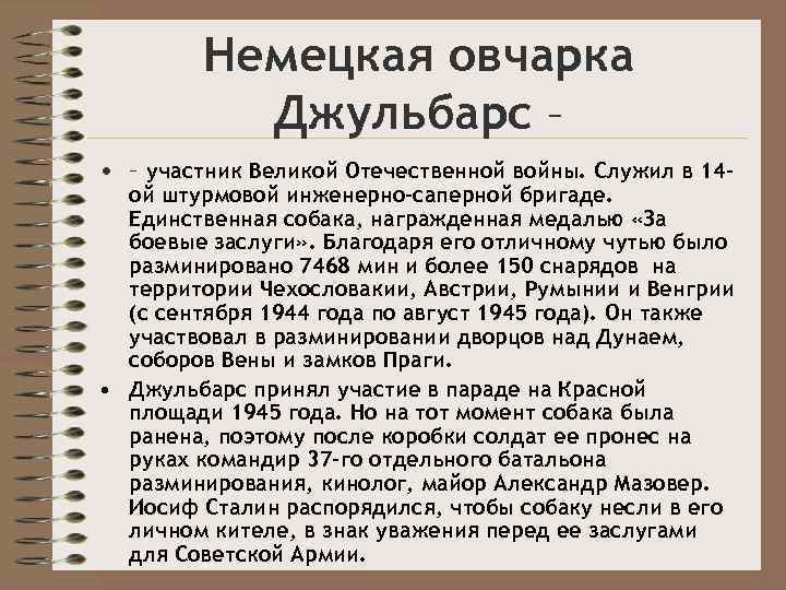 Немецкая овчарка Джульбарс – • – участник Великой Отечественной войны. Служил в 14 -