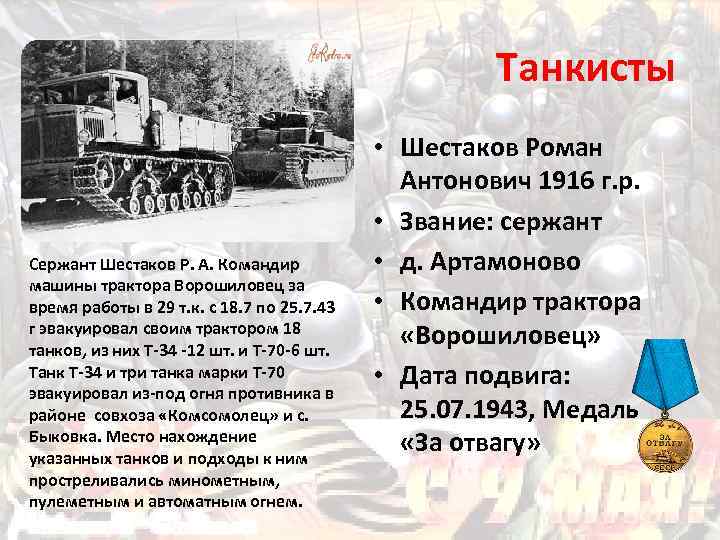 Танкисты Сержант Шестаков Р. А. Командир машины трактора Ворошиловец за время работы в 29