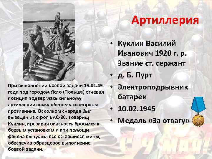 Артиллерия При выполнении боевой задачи 15. 01. 45 года под городом Ясло (Польша) огневая
