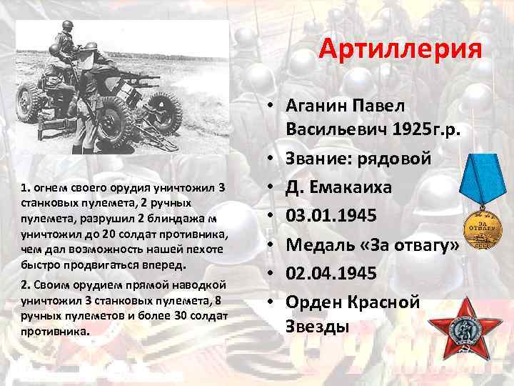 Артиллерия 1. огнем своего орудия уничтожил 3 станковых пулемета, 2 ручных пулемета, разрушил 2